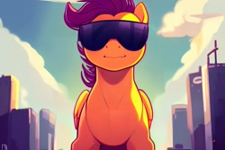 Size: 2304x1536 | Tagged: safe, ai content, derpibooru import, generator:pony diffusion v4, generator:stable diffusion, machine learning generated, scootaloo, pegasus, pony, cloud, female, looking at you, mare, prompter:siber, sky, skyscraper, solo, sunglasses