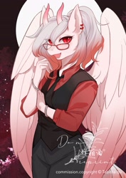 Size: 2480x3508 | Tagged: safe, artist:tabithaqu, derpibooru import, oc, oc only, anthro, pegasus, clothes, female, glasses, horns, necktie, pants, solo