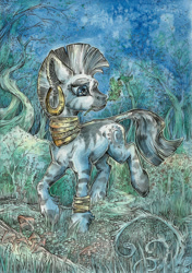 Size: 1644x2330 | Tagged: safe, artist:taski-guru, derpibooru import, zecora, pony, zebra, ear fluff, ear piercing, earring, ears, everfree forest, female, forest, jewelry, mouth hold, night, piercing, solo, traditional art, unshorn fetlocks, watercolor painting