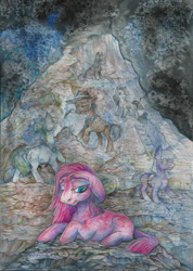 Size: 1653x2320 | Tagged: safe, artist:taski-guru, derpibooru import, cloudy quartz, igneous rock pie, limestone pie, marble pie, maud pie, pinkie pie, depression, pie family, pinkamena diane pie, rock farm, traditional art, working