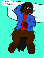 Size: 512x680 | Tagged: safe, artist:cavewolfphil, derpibooru import, oc, oc only, earth pony, bed, clothes, colt, foal, jacket, lying down, lying on bed, male, nap, on bed, pillow, relaxing, shirt, speech bubble