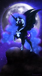 Size: 1242x2208 | Tagged: safe, artist:amynthaa, derpibooru import, nightmare moon, alicorn, pony, female, makeup, moon, night, solo, spread wings, stars, wings