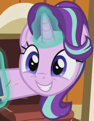 Size: 407x525 | Tagged: safe, derpibooru import, screencap, starlight glimmer, pony, unicorn, harvesting memories, spoiler:harvesting memories, spoiler:mlp friendship is forever, apple, apple tree, book, chicken coop, cropped, cute, excited, female, food, glimmerbetes, glowing, glowing horn, grin, hair flip, horn, levitation, magic, magic aura, mare, smiling, solo, sweet apple acres, telekinesis, tree