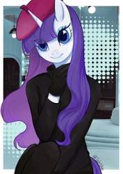 Size: 2480x3508 | Tagged: safe, artist:tabithaqu, derpibooru import, rarity, anthro, unicorn, beatnik rarity, beret, clothes, female, gloves, hat, head tilt, mare, smiling, solo, sweater