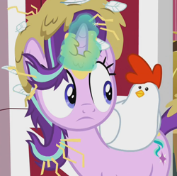 Size: 726x720 | Tagged: safe, derpibooru import, screencap, starlight glimmer, bird, chicken, pony, unicorn, harvesting memories, spoiler:harvesting memories, spoiler:mlp friendship is forever, cropped, eye contact, female, hay, looking at each other, looking at someone, magic, mare, messy, sweet apple acres, sweet apple acres barn