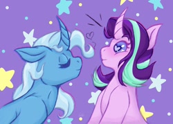 Size: 1200x857 | Tagged: safe, artist:zoobob_, derpibooru import, starlight glimmer, trixie, unicorn, curved horn, duo, eyes closed, female, heart, heart eyes, horn, imminent kissing, leaning, leaning forward, lesbian, looking at each other, looking at someone, shipping, startrix, surprised, wingding eyes