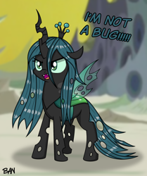 Size: 1520x1816 | Tagged: safe, artist:banquo0, derpibooru import, queen chrysalis, changeling, changeling queen, angry, cute, cutealis, female, filly, filly queen chrysalis, foal, madorable, open mouth, solo, text, young, younger