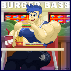 Size: 4500x4500 | Tagged: safe, artist:musclecreationist, derpibooru import, flash sentry, human, equestria girls, absurd resolution, burger, drink, drinking straw, flex sentry, food, french fries, hamburger, male, muscles, muscular male, overdeveloped muscles, solo
