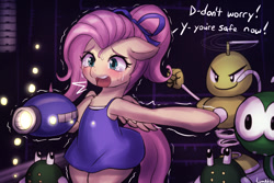 Size: 1125x750 | Tagged: safe, artist:lumineko, derpibooru import, fluttershy, pegasus, robot, semi-anthro, alternate hairstyle, arm cannon, blushing, bow, clothes, crying, cute, dress, ears, female, floppy ears, hair bow, high ponytail, mare, mega buster, mega man (series), open mouth, ponytail, shivering, shyabetes, weapon