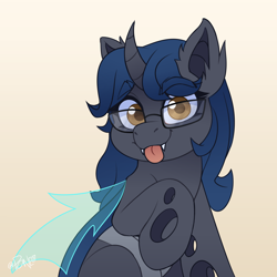 Size: 2704x2704 | Tagged: safe, artist:rivin177, derpibooru import, oc, oc only, oc:sweet scribe, changeling, pony, changeling horn, ears, floppy ears, glasses, gradient background, holes, hooves up, horn, looking at you, raised hoof, raised leg, sharp teeth, sitting, solo, staring at you, teeth, tongue, tongue out