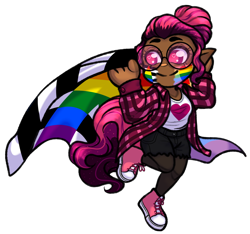 Size: 2118x1982 | Tagged: safe, artist:malinraf1615, derpibooru import, oc, oc:venus red heart, human, chibi, clothes, commission, converse, dark skin, elf ears, face paint, female, flannel, glasses, heart, heart eyes, homoromantic, homoromantic pride flag, humanized, humanized oc, pride, pride flag, pride month, shirt, shoes, shorts, simple background, socks, solo, stockings, straight ally flag, t-shirt, tail, tailed humanization, thigh highs, transparent background, wingding eyes, ych result