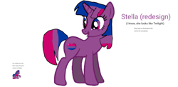 Size: 965x469 | Tagged: safe, derpibooru import, oc, oc only, oc:stella, pony, unicorn, base used, happy, looking back, multicolored eyes, multicolored hair, multicolored tail, not twilight sparkle, open mouth, pride, purple coat, simple background, solo, tail, text, white background