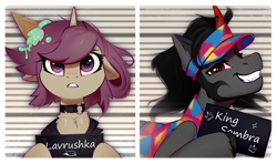 Size: 2308x1356 | Tagged: safe, artist:taneysha, derpibooru import, king sombra, oc, oc:lavrushka, pony, unicorn, barbie mugshot meme, canon x oc, chest fluff, choker, duo, female, food, grin, hoof hold, ice cream, looking at you, male, mare, meme, mugshot, shipping, smiling, straight, visor cap