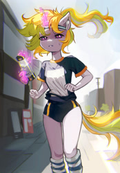 Size: 1280x1839 | Tagged: safe, artist:astralblues, derpibooru import, oc, anthro, unicorn, clothes, glowing, glowing horn, headband, horn, jogging, levitation, magic, shirt, shorts, socks, solo, striped socks, sweat, telekinesis, water bottle