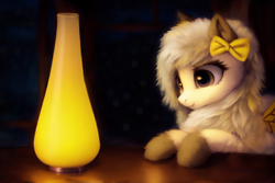 Size: 1152x768 | Tagged: safe, ai content, artist:zealousmagician, derpibooru exclusive, derpibooru import, generator:purplesmart.ai, generator:stable diffusion, machine learning assisted, oc, oc only, moth, mothpony, original species, pony, blurry background, bow, brown eyes, ear bow, female, fluffy, folded wings, indoors, lamp, mare, smiling, solo, table, unnamed oc, window, wings