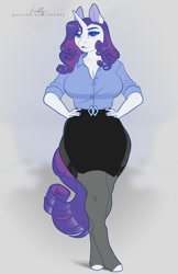 Size: 713x1100 | Tagged: safe, artist:evehly, derpibooru import, rarity, anthro, unguligrade anthro, unicorn, belt, big breasts, breasts, cleavage, clothes, cute, eyeshadow, female, gray background, grin, hand on hip, lipstick, makeup, mare, raribetes, raritits, shirt, simple background, skirt, smiling, socks, solo, stockings, thigh highs