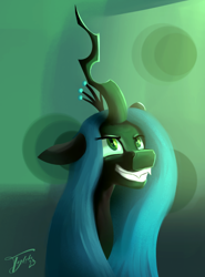 Size: 642x867 | Tagged: safe, artist:tyleks, derpibooru import, queen chrysalis, changeling, changeling queen, female, smiling, solo