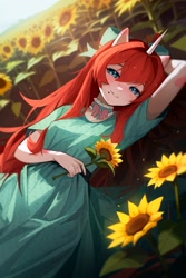 Size: 1933x2899 | Tagged: safe, artist:astralblues, derpibooru import, oc, oc only, anthro, unicorn, clothes, dress, female, flower, solo, sunflower
