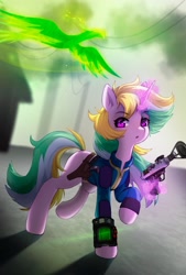 Size: 2080x3068 | Tagged: safe, artist:astralblues, derpibooru import, oc, oc only, oc:lemonswoosh, balefire phoenix, phoenix, pony, unicorn, fallout equestria, female, glowing, glowing horn, gun, horn, left handed, levitation, magic, mare, pipbuck, solo, telekinesis, weapon