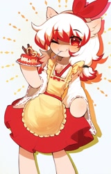 Size: 766x1200 | Tagged: safe, artist:astralblues, derpibooru import, oc, oc:cunben_mapleleaf, pony, apron, bipedal, clothes, cute, dress, food, ocbetes, pudding, skirt, solo