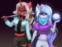 Size: 2178x1650 | Tagged: safe, artist:astralblues, derpibooru import, oc, oc only, anthro, unicorn, baseball bat, clothes, duo, female, holding hands, jacket, midriff, orb, pants, ripped pants, torn clothes, varsity jacket