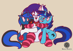 Size: 3508x2480 | Tagged: safe, artist:draconightmarenight, derpibooru import, oc, oc only, oc:anykoe, earth pony, pony, unicorn, bell, bell collar, clothes, collar, colored sketch, ear fluff, ears, group hug, hug, hugging a pony, monthly reward, simple background, sketch, smiling, socks, striped socks, tan background, trio