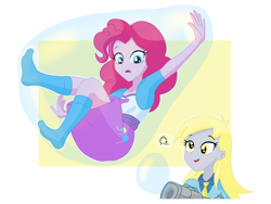 Size: 4160x3120 | Tagged: safe, artist:anglin296, derpibooru import, derpy hooves, pinkie pie, human, equestria girls, bondage, bubble, duo, encasement, eyebrows, female, frown, high res, in bubble, missing shoes, open mouth, open smile, smiling, soap bubble, trapped