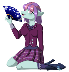 Size: 2413x2500 | Tagged: safe, artist:melodytheartpony, derpibooru import, sunny flare, anthro, blushing, bow, clothes, commission, eyelashes, fan, female, hand behind back, hand fan, high heels, looking at you, plaid skirt, shirt, shoes, signature, simple background, sitting, skirt, smiling, solo, uniform, white background