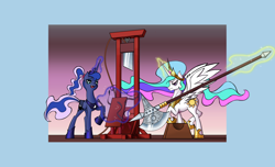 Size: 2928x1780 | Tagged: safe, derpibooru import, princess celestia, princess luna, alicorn, pony, axe, chopping block, execution, female, glowing, glowing horn, guillotine, horn, jewelry, levitation, magic, melee weapon, ponytail, straps, telekinesis, weapon