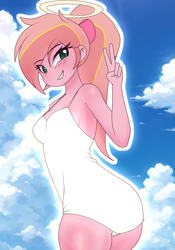 Size: 2097x3000 | Tagged: safe, artist:ribiruby, derpibooru import, oc, oc only, oc:ruby sunshine, equestria girls, blushing, bow, breasts, cloud, description is relevant, equestria girls-ified, female, hair bow, hair over one eye, halo, looking at you, looking back, peace sign, rest in peace, smiling, solo