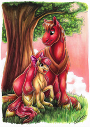 Size: 2479x3474 | Tagged: safe, artist:lupiarts, derpibooru import, apple bloom, big macintosh, earth pony, pony, brotherhooves social, bow, brother and sister, copic, cute, duo, female, filly, foal, hair bow, high res, horse collar, hug, male, marker drawing, nature, scene interpretation, siblings, side hug, stallion, sunset, traditional art, tree, wholesome