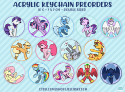 Size: 4093x3031 | Tagged: safe, artist:jellysketch, derpibooru import, applejack, big macintosh, derpy hooves, fluttershy, pinkie pie, princess cadance, princess celestia, princess luna, rainbow dash, rarity, starlight glimmer, trixie, twilight sparkle, twilight sparkle (alicorn), alicorn, earth pony, pegasus, pony, unicorn, alicornified, keychain, merchandise, princess big mac, promotional art, race swap, sunset