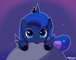 Size: 2000x1600 | Tagged: safe, artist:vanillafox2035, derpibooru import, princess luna, alicorn, pony, g4, 2015, :p, blush lines, blushing, cute, daaaaaaaaaaaw, drool, female, filly, foal, horn, looking at you, lunabetes, mare, moon, nom, old art, outline, smiling, solo, spread wings, stars, tangible heavenly object, tongue, tongue out, weapons-grade cute, wings, woona, younger