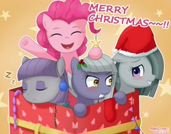 Size: 1900x1500 | Tagged: safe, artist:vanillafox2035, derpibooru import, limestone pie, marble pie, maud pie, pinkie pie, earth pony, pony, g4, 2015, blushing, christmas, christmas ornament, cute, decoration, diapinkes, ears, eyes closed, female, floppy ears, grin, gritted teeth, hair over one eye, hat, holiday, holly, limabetes, marblebetes, maudabetes, merry christmas, old art, onomatopoeia, open mouth, outline, pie sisters, santa hat, siblings, signature, sisters, sleeping, smiling, snoring, sound effects, teeth, zzz