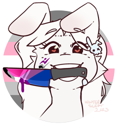 Size: 1662x1777 | Tagged: safe, artist:wintersleptart, derpibooru import, oc, oc only, pony, 2023, asexual pride flag, bisexual, bisexual pride flag, bunny ears, cheek fluff, demigirl pride flag, ear piercing, heart, heart eyes, knife, looking at you, mouth hold, piercing, pride, pride flag, pride month, signature, smiling, solo, transgender, wingding eyes, ych example, your character here