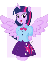 Size: 3120x4160 | Tagged: safe, artist:anglin296, derpibooru import, twilight sparkle, twilight sparkle (alicorn), alicorn, human, equestria girls, arm behind back, blouse, clothes, eared humanization, female, horn, horned humanization, humanized, passepartout, ponied up, skirt, solo, winged humanization, wings