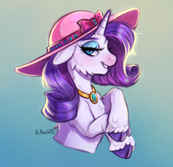 Size: 1464x1420 | Tagged: safe, artist:birdoffnorth, derpibooru import, rarity, pony, unicorn, bust, cloven hooves, female, gradient background, hat, jewelry, lidded eyes, mare, necklace, portrait, signature, smiling, solo