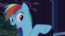 Size: 1280x720 | Tagged: safe, derpibooru import, screencap, rainbow dash, pegasus, pony, 28 pranks later, bust, open mouth, portrait, rainbow dash is best facemaker, raised leg, solo