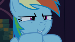 Size: 1280x720 | Tagged: safe, derpibooru import, screencap, rainbow dash, pegasus, pony, 28 pranks later, bust, grin, portrait, rainbow dash is best facemaker, smiling, solo