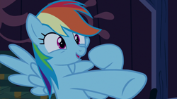 Size: 1280x720 | Tagged: safe, derpibooru import, screencap, rainbow dash, pegasus, pony, 28 pranks later, rainbow dash is best facemaker, solo, spread wings, wings