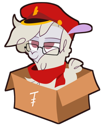 Size: 950x1150 | Tagged: safe, artist:nonameorous, derpibooru import, oc, oc only, oc:nonameorous, alpaca, them's fightin' herds, box, clothes, community related, glasses, hat, looking up, scarf, simple background, sitting, smiling, solo, transparent background
