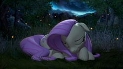 Size: 3840x2160 | Tagged: safe, artist:owlpirate, derpibooru import, fluttershy, firefly (insect), insect, pegasus, pony, 3d, 4k, cute, ears, eyes closed, female, floppy ears, high res, lying down, mare, night, prone, shyabetes, sleeping, smiling, solo, source filmmaker