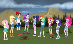 Size: 1883x1156 | Tagged: safe, artist:selenaede, artist:thefandomizer316, artist:user15432, derpibooru import, applejack, fluttershy, pinkie pie, rainbow dash, rarity, sci-twi, starlight glimmer, sunset shimmer, twilight sparkle, human, equestria girls, legend of everfree, barely eqg related, base used, boots, camp everfree logo, camp everfree outfits, campfire, camping, camping outfit, cap, clothes, converse, cowboy hat, crossed arms, crossover, equestria girls style, equestria girls-ified, gloves, hand on hip, hat, high heel boots, high heels, humane five, humane seven, humane six, mario, mario's hat, shoes, smiling, sneakers, socks, super mario bros., tent, tree