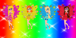 Size: 1999x1000 | Tagged: safe, artist:cookiechans2, artist:user15432, derpibooru import, human, equestria girls, arcanix, barefoot, barely eqg related, base used, blue dress, blue wings, clothes, crossover, crown, dress, ear piercing, earring, equestria girls style, equestria girls-ified, fairies, fairies are magic, fairy, fairy wings, fairyized, feet, gradient background, headband, jewelry, looking at you, pauline, piercing, pink dress, pink wings, princess daisy, princess peach, princess rosalina, rainbow background, red dress, red wings, regalia, rosalina, smiling, smiling at you, sparkly background, strapless, super mario bros., wings, winx, winx club, winxified, yellow dress, yellow wings