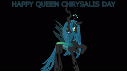 Size: 1920x1080 | Tagged: safe, artist:90sigma, derpibooru import, edit, editor:jaredking779, queen chrysalis, changeling, changeling queen, 2023, black background, chrysalis day, crown, female, jewelry, regalia, simple background, solo