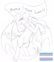 Size: 1772x2048 | Tagged: safe, artist:melodytheartpony, derpibooru import, dracony, dragon, hybrid, bat wings, doodle, fangs, feathered wings, female, feral, flag, horns, looking at you, pride, pride flag, pride month, signature, simple background, sketch, spread wings, transgender pride flag, white background, wings