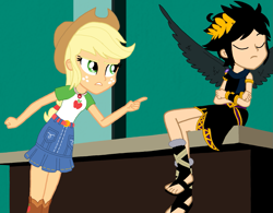 Size: 1387x1080 | Tagged: safe, artist:animatedone, artist:liaaat, derpibooru import, applejack, angel, human, better together, equestria girls, angelic wings, barely eqg related, base used, black wings, boots, clothes, cowboy hat, crossed arms, crossover, crown, dark pit, equestria girls style, equestria girls-ified, eyes closed, geode of super strength, hat, jewelry, kid icarus, kid icarus: uprising, laurel wreath, magical geodes, pointing, regalia, sandals, shoes, wings