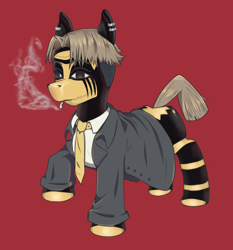 Size: 1044x1119 | Tagged: safe, anonymous artist, derpibooru exclusive, derpibooru import, oc, oc only, chainsaw man, cigarette, clothes, commission, ear piercing, necktie, older, piercing, red background, simple background, smoking, suit