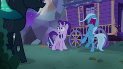 Size: 1280x720 | Tagged: safe, derpibooru import, screencap, starlight glimmer, thorax, trixie, changeling, pony, unicorn, season 6, to where and back again, animated, duo, duo female, ears back, female, freakout, frightened, frown, hoofy-kicks, implied thorax, mawshot, nose in the air, open mouth, panic, raised leg, scared, screaming, solo, tongue, tongue out, trixie's wagon, uvula, volumetric mouth, wagon