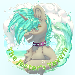 Size: 2500x2500 | Tagged: safe, alternate version, artist:medkit, derpibooru import, oc, oc only, oc:jester jackpot, pony, unicorn, accessory, adam's apple, beach, blue mane, breeze, bust, chest fluff, choker, cloud, colored eyebrows, colored eyelashes, colored hooves, colored lineart, colored pupils, complex background, day, ear fluff, ears, ears up, english, eye clipping through hair, eyebrows, eyebrows down, eyebrows visible through hair, fluffy, freckles, glare, gradient background, gray coat, green eyes, gritted teeth, hair over one eye, heart shaped, high res, hoof fluff, hoof frecles, horizon, horn, horseshoes, icon, looking at you, male, multicolored mane, ocean, one eye closed, paint tool sai 2, pony oc, portrait, raised hoof, raised leg, sand, sea foam, short mane, shoulder fluff, sky, smiling, solo, speedpaint, spiked choker, splashes, stallion, sternocleidomastoid, striped mane, summer, sunlight, teeth, text, three quarter view, title, two toned coat, two toned mane, unicorn oc, wall of tags, water, wave, wink